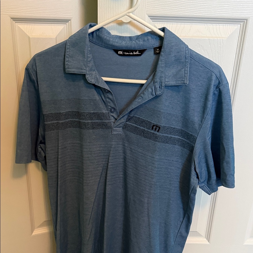 Travis Mathew Blue Polo Shirt with Striped Detail